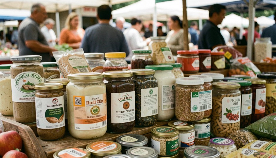 Des produits sur un étal de marché avec leurs étiquettes et logos officiels de qualité visibles