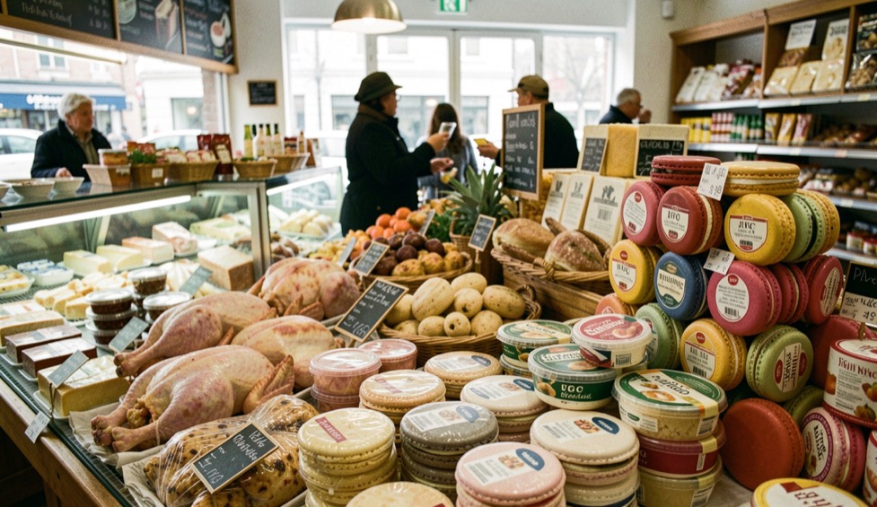 Un étal de volailles et fromages en épicerie, avec les macarons IGP et label rouge en évidence