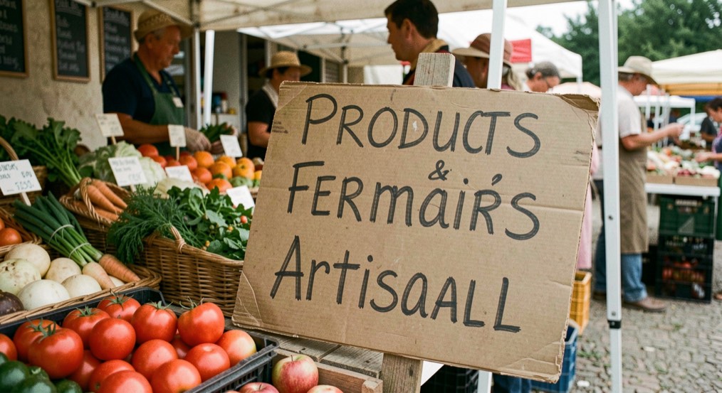Une pancarte manuscrite de marché annonçant produits fermiers et artisanaux, sans logo officiel
