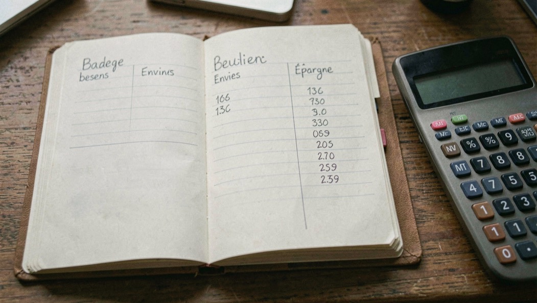 Un carnet de budget ouvert avec trois colonnes chiffrées : besoins, envies, épargne, une calculette à côté
