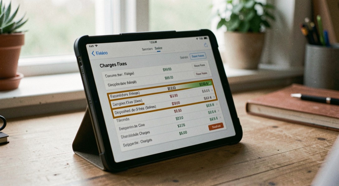 Un tableau de dépenses de foyer sur un écran de tablette, les lignes de charges fixes surlignées