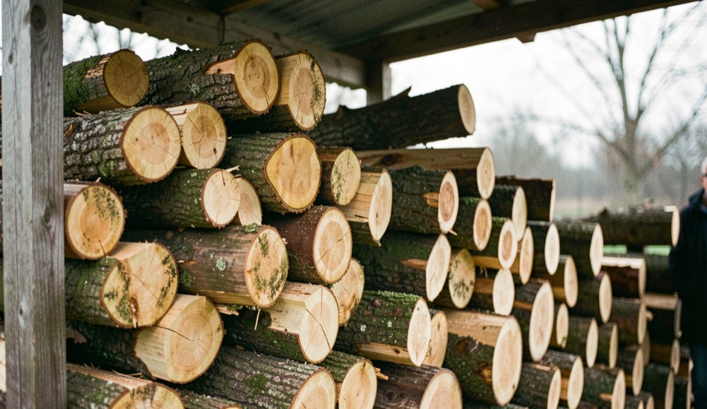 Des bûches de chêne vert fraîchement fendues empilées sous un abri, écorce sombre et bois jaune pâle