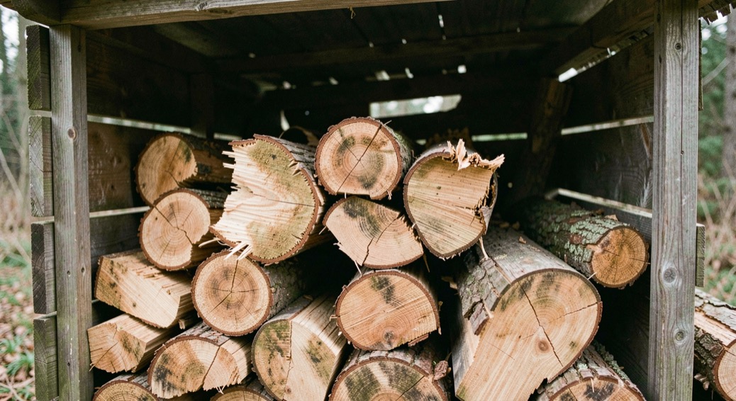 Un rang de bûches sous un abri à bois ventilé, extrémités fendillées par le séchage