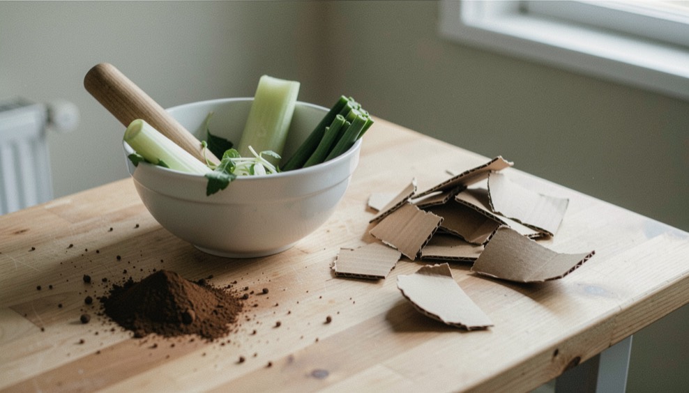 Un plan de travail avec un bol d’épluchures de légumes, du marc de café et du carton brun découpé en morceaux