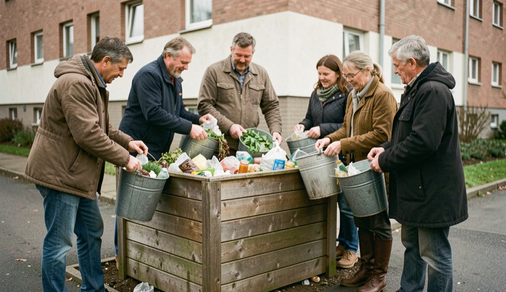 Un composteur collectif en bois au pied d’un immeuble, avec des habitants qui y versent leur seau de biodéchets