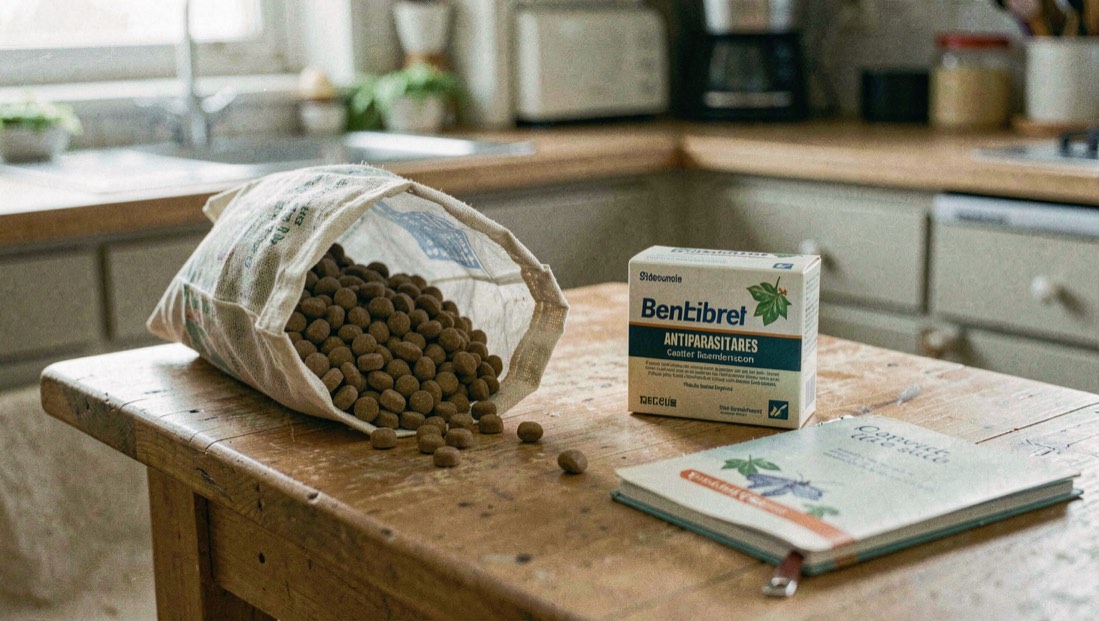 Un sac de croquettes ouvert, une boîte d’antiparasitaires et un carnet de santé posés sur une table de cuisine