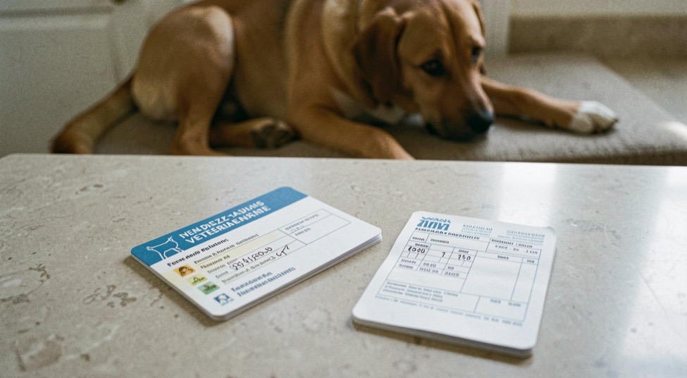 Un carnet de rendez-vous vétérinaire et une facture posés sur un plan de travail, un chien couché en arrière-plan