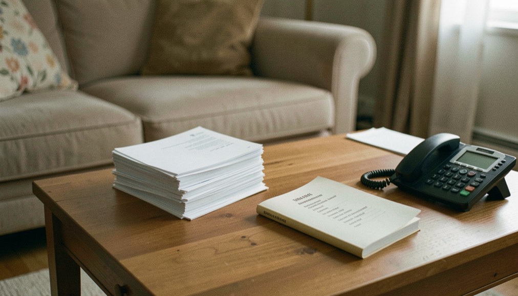 Une pile de courriers administratifs et un carnet d’adresses sur la table d’un salon, un téléphone posé à côté