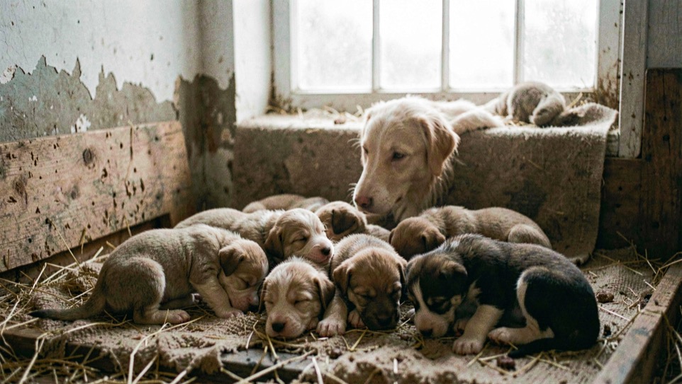 Une portée de chiots avec leur mère dans un enclos de whelping, lumière de fenêtre