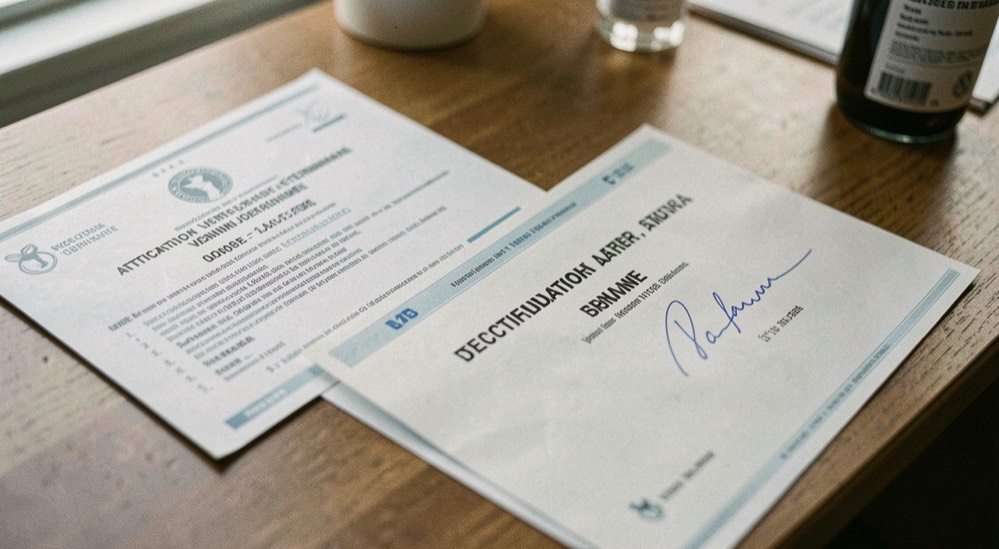 Une attestation vétérinaire et un certificat d’identification posés sur une table, signature en cours