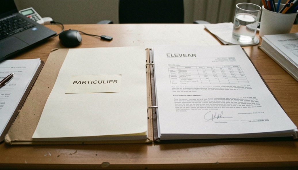 Deux dossiers côte à côte sur un bureau, l’un étiqueté particulier, l’autre éleveur, avec les documents correspondants