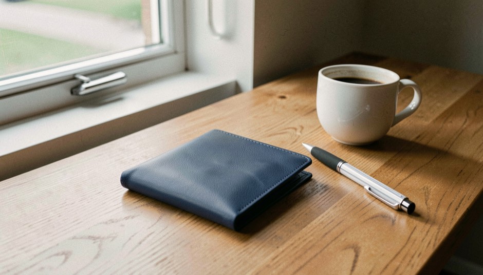 Un chéquier fermé à couverture de cuir bleu marine posé sur un bureau en chêne près d’une fenêtre, à côté d’un stylo et d’une tasse de café, lumière douce du matin
