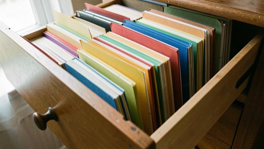 Un tiroir de bureau en bois entrouvert, rempli de chemises cartonnées de couleurs unies rangées debout, vue plongeante, lumière douce d’une fenêtre