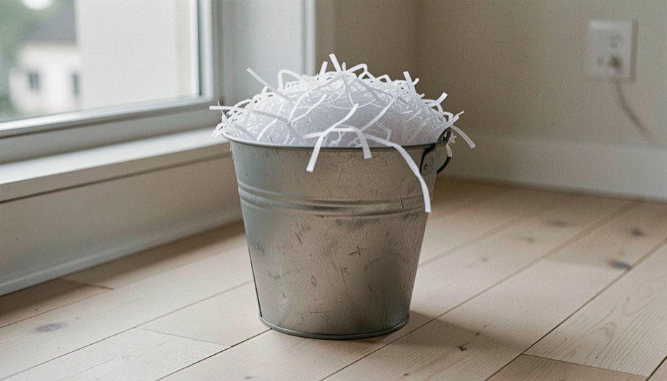 Un seau en métal rempli de fines lanières de papier blanc déchiqueté, posé sur un parquet clair près d’une fenêtre, lumière naturelle d’après-midi
