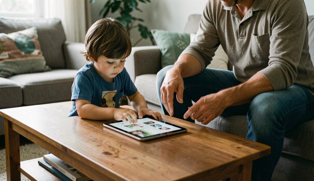 Un enfant devant une tablette posée sur une table basse de salon, un adulte assis à côté