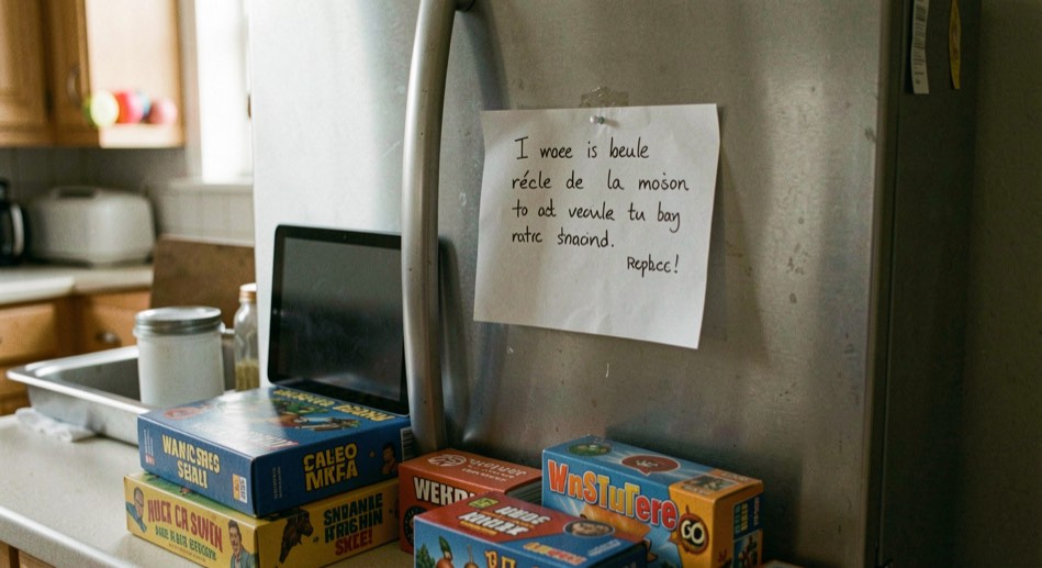 Une règle de la maison écrite sur un papier accroché au frigo, une tablette et des jeux de société en dessous