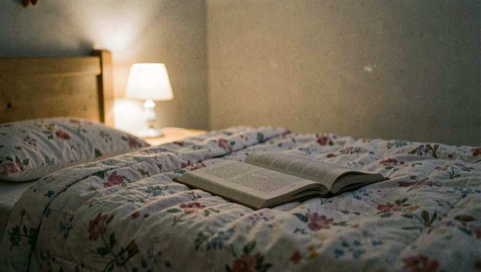 Une chambre d’enfant le soir, veilleuse allumée, aucun écran visible, un livre ouvert sur la couette