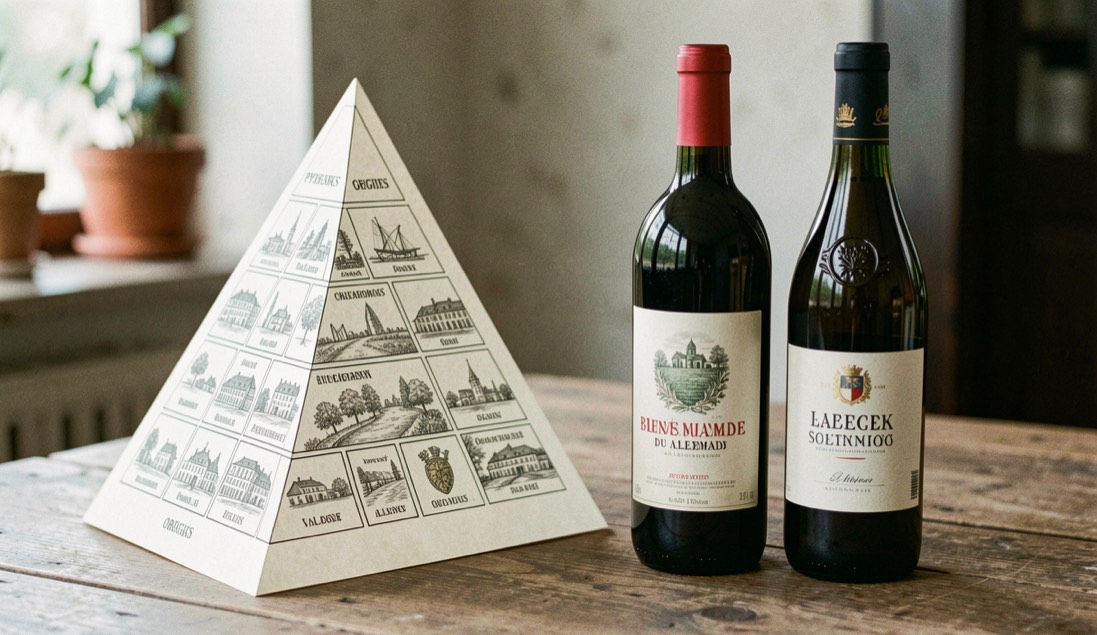 Un schéma imprimé de la pyramide des origines du vin allemand posé à côté de deux bouteilles aux étiquettes différentes