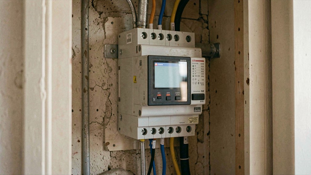 Un compteur électrique intelligent dans un placard technique d’un appartement espagnol