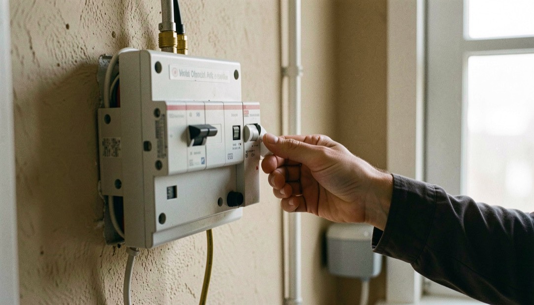 Un tableau électrique de maison avec les disjoncteurs, la main d’un occupant en train de baisser les départs non essentiels