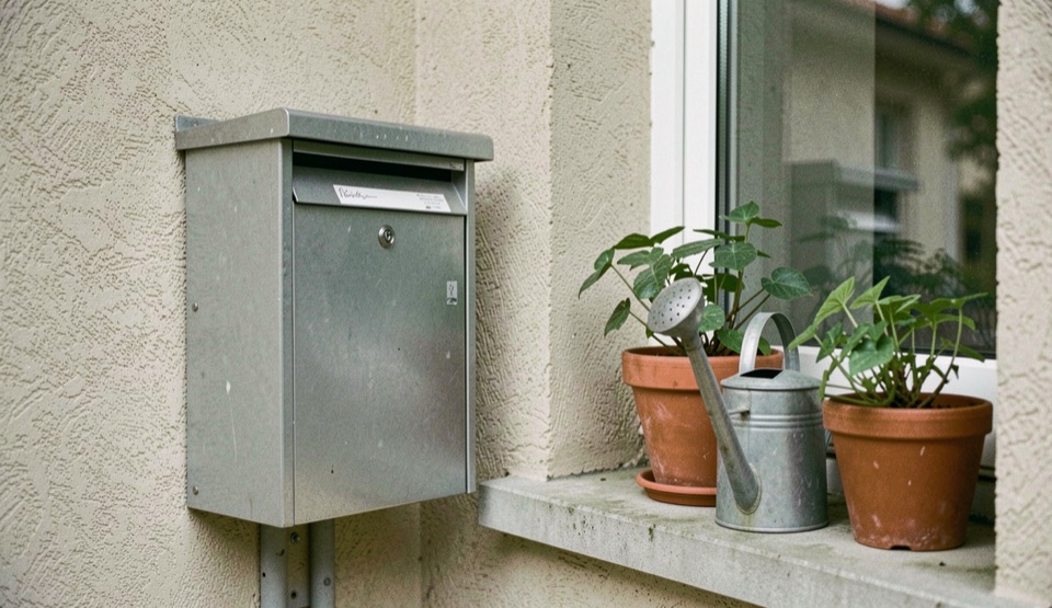 Une boîte aux lettres d’entrée d’immeuble et un arrosoir posé près de plantes en pot sur un rebord de fenêtre