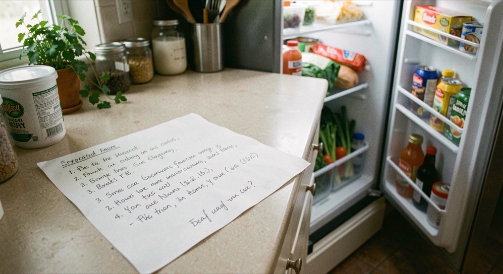 Une liste manuscrite sur le plan de travail d’une cuisine, un frigo entrouvert vidé de ses produits frais