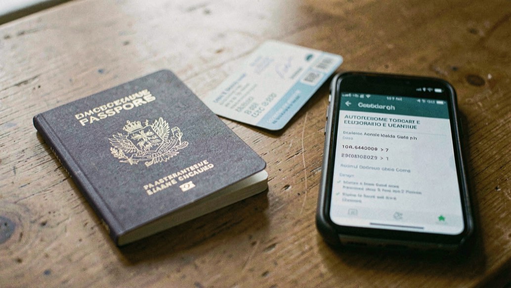Un passeport français posé sur une table avec une carte d’embarquement et un téléphone affichant une autorisation électronique