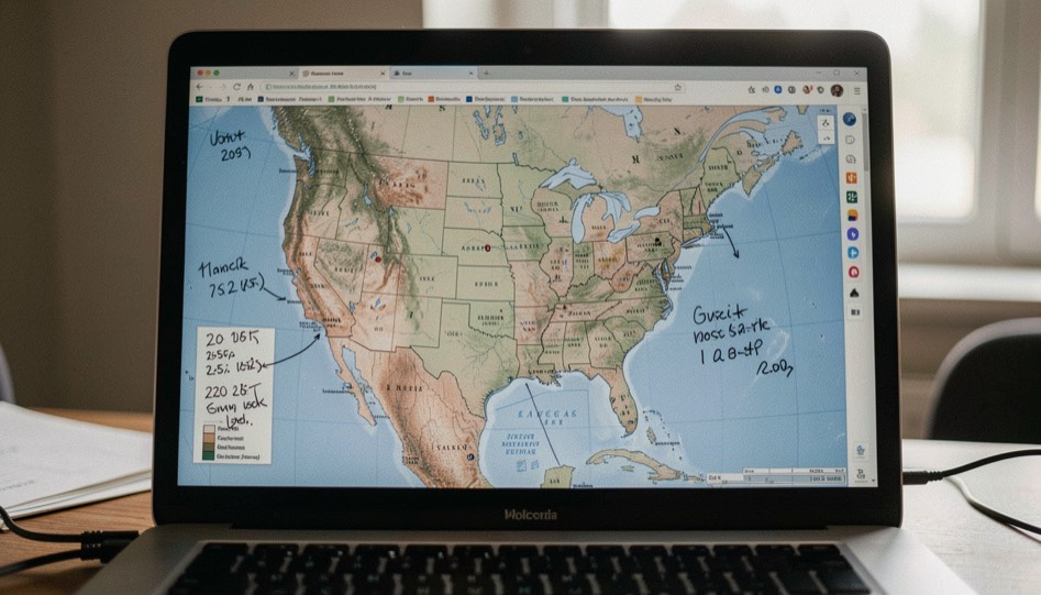 Un écran d’ordinateur portable affichant une carte d’Amérique du Nord avec des notes manuscrites de dates et de documents
