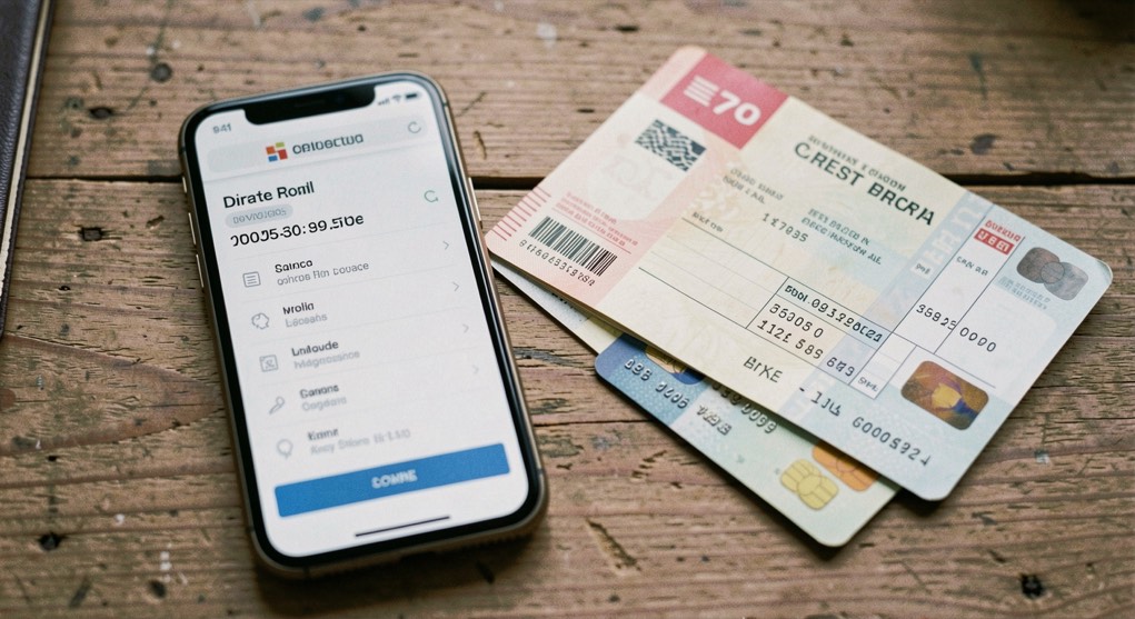 Un smartphone affichant l’application d’une banque en ligne, à côté d’un chéquier et d’une carte bancaire