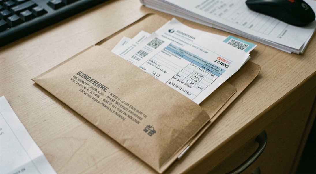 Une pochette kraft de documents médicaux avec ordonnances et résultats d’analyses, posée sur un bureau