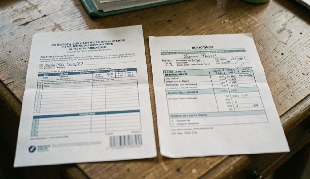 Une feuille de soins et un décompte de remboursement posés côte à côte sur une table
