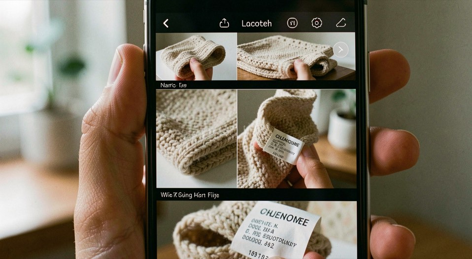 Une série de photos d’un même objet affichées sur un écran de téléphone : vue d’ensemble, détails, étiquette