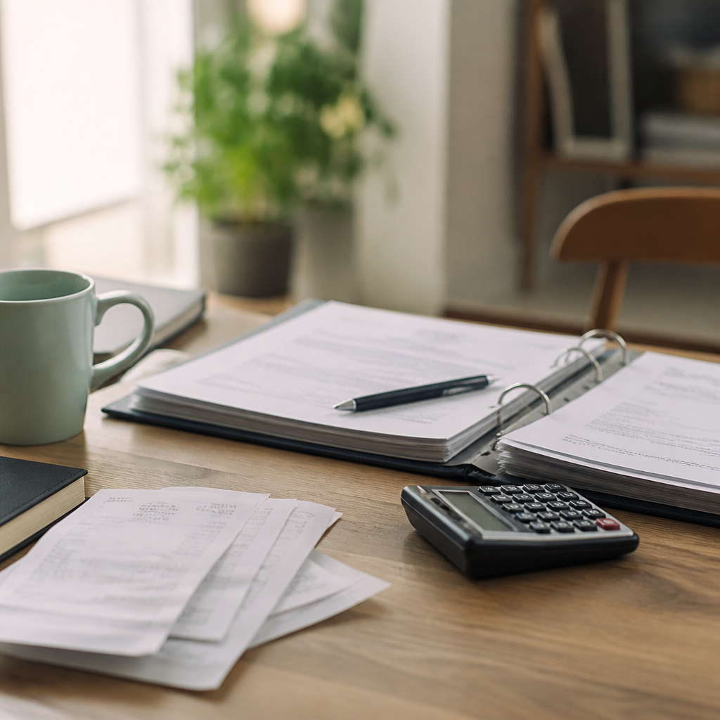 Une table en bois clair avec un classeur ouvert, des factures papier, une calculatrice et une tasse de café