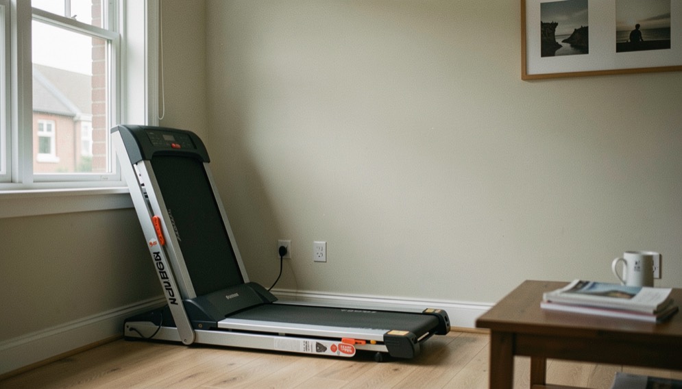 Un tapis de course plié contre un mur de séjour, un coin libéré devant une fenêtre