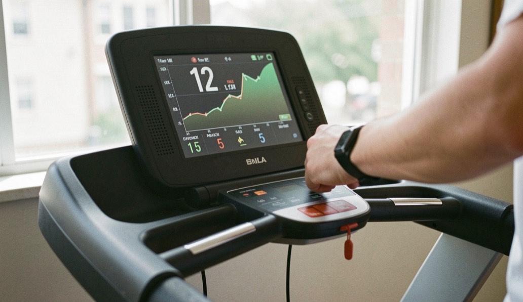 La console d’un tapis de course affichant une pente de 12 et une vitesse de 5, pieds en marche sur le tapis