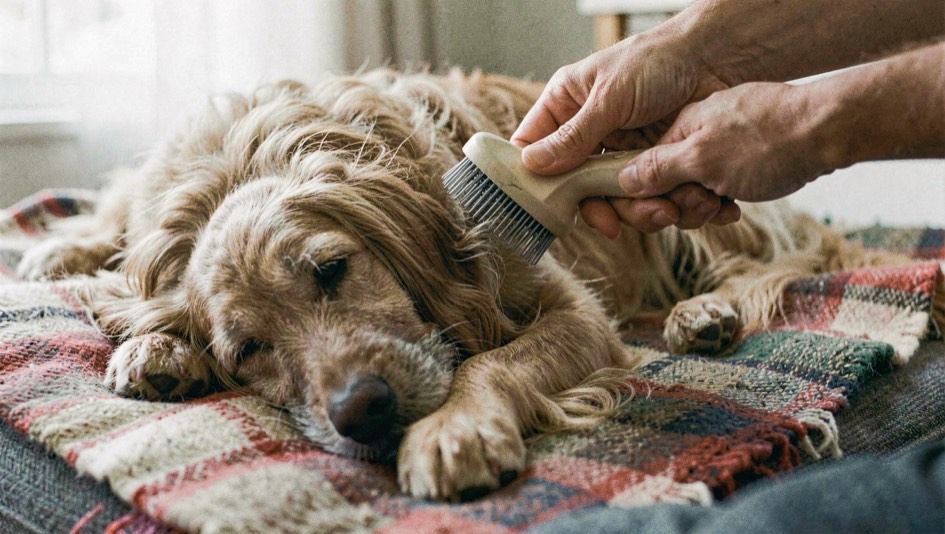 Un chien à poil long allongé sur un plaid pendant qu’on le brosse, brosse à picots en main