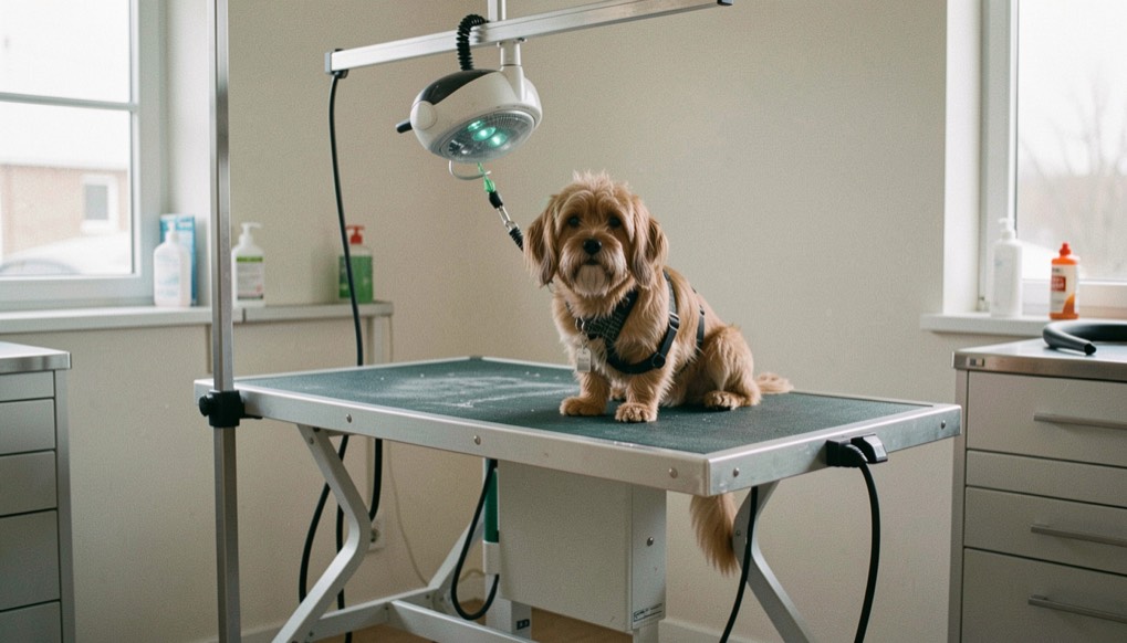 Une table de toilettage professionnelle avec tondeuse suspendue et chien attaché en sécurité